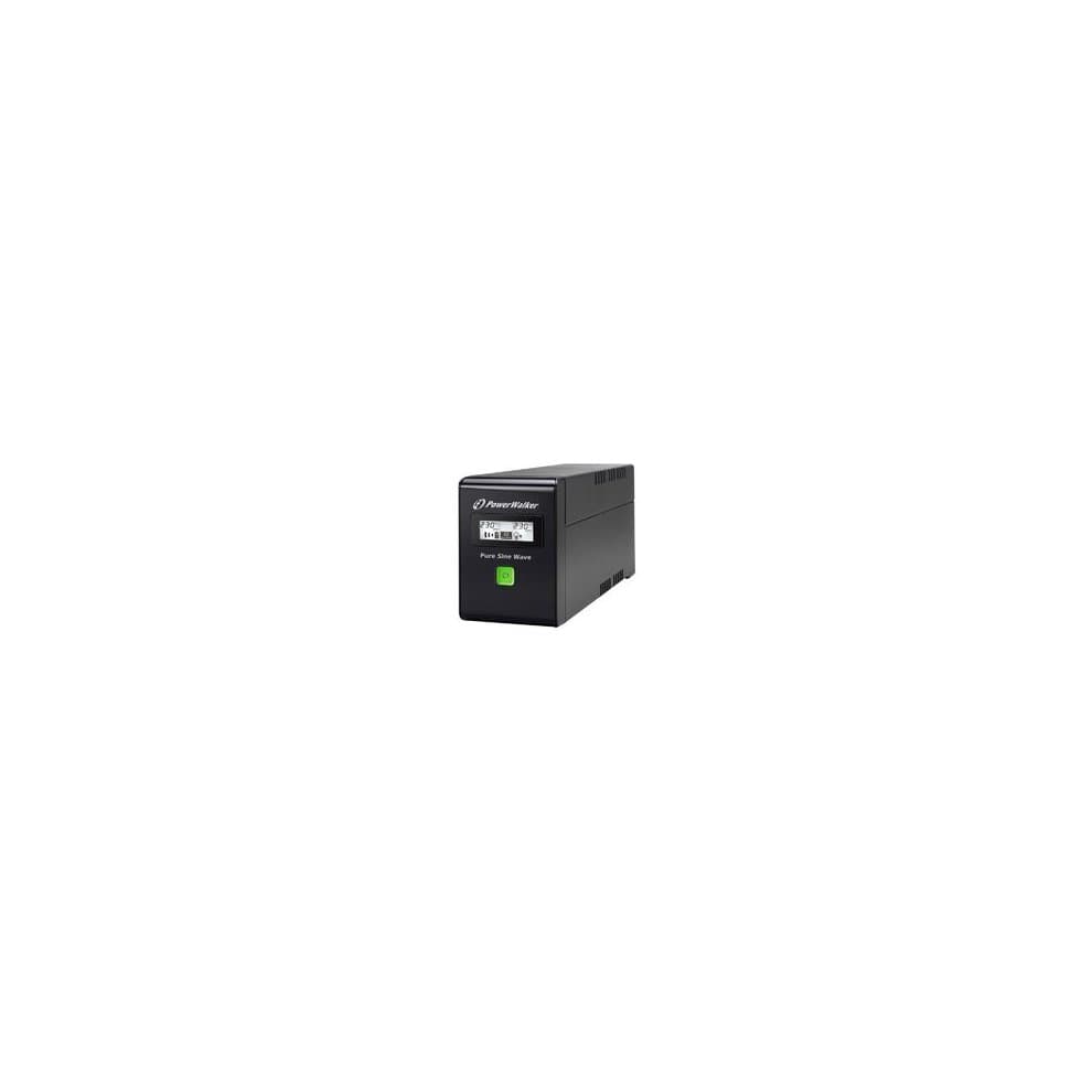 Black PowerWalker VI 800 SW Uninterruptible Power Supply featuring a digital display, green power indicator, and compact design, rated at 0.8 KVA and 480 W.