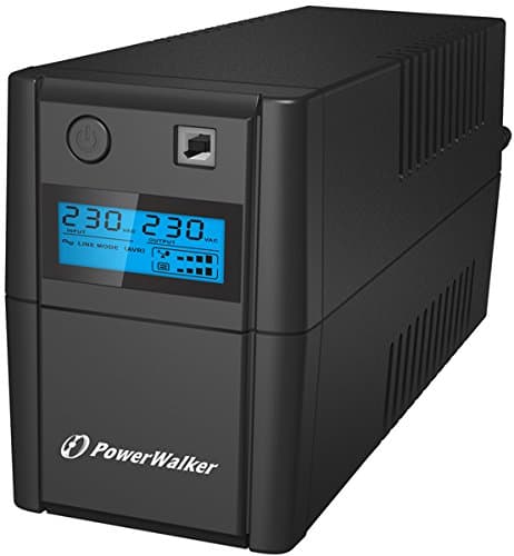 Black PowerWalker VI 850SE UPS with an LCD display showing input/output voltage, featuring a power button and ventilation slots on the side.