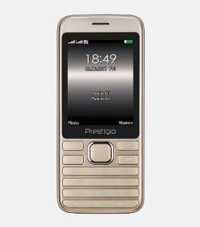 Gold feature phone with a 2.8-inch display, numeric keypad, and a sleek design, featuring the Prestigio logo and a simple interface on the screen.