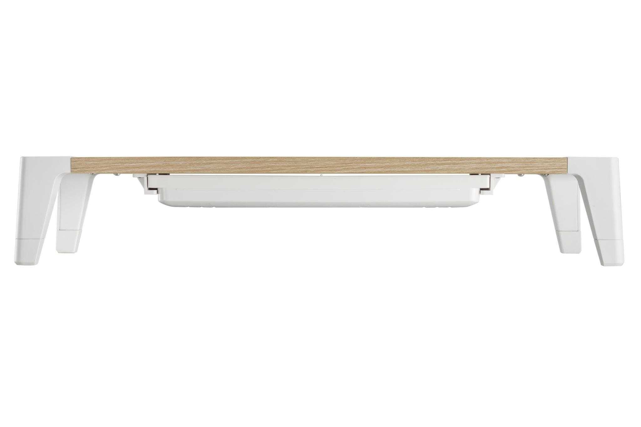 ProperAV Monitor Riser Laptop Stand features a white frame with a wood-colored top, designed with a convenient drawer underneath for storage.