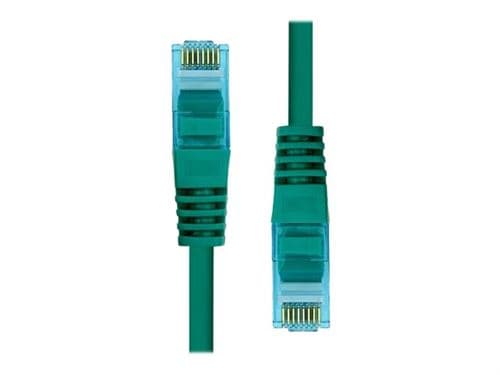 Green ProXtend CAT6A U/UTP CU LSZH Ethernet cable, 75CM long, featuring transparent blue connectors with gold pins on both ends.