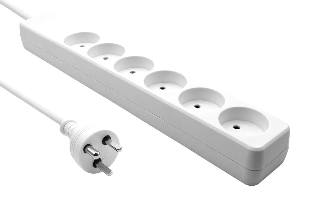 White six-socket power strip with a 1-meter cord, featuring round outlets and a standard plug, designed for Danish electrical systems.