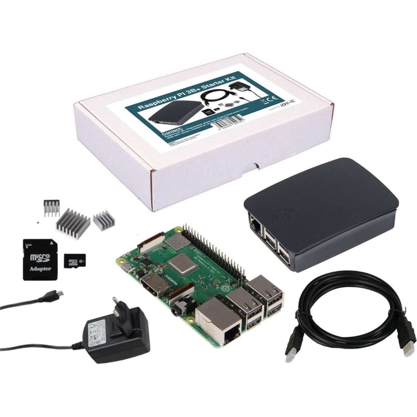 Raspberry Pi 3B+ full kit featuring a green development board with BCM2837 chip, black case, power adapter, microSD card adapter, heat sinks, and USB cable, all in a white box.