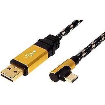 Black and gold USB 2.0 cable, 1.8 meters long, featuring a USB-A connector and a right-angle USB-C connector, with a braided design for durability.