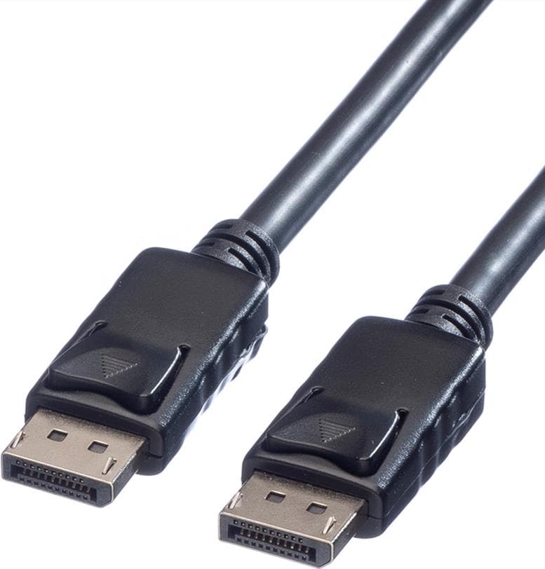 Black DisplayPort cable, 1.5 meters long, featuring two male plugs with a sturdy design and angled connectors for secure connections.