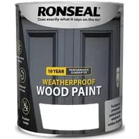 Ronseal black satin wood paint can, 10 Year Weatherproof, 2.5L, with bold text and door illustration on label.