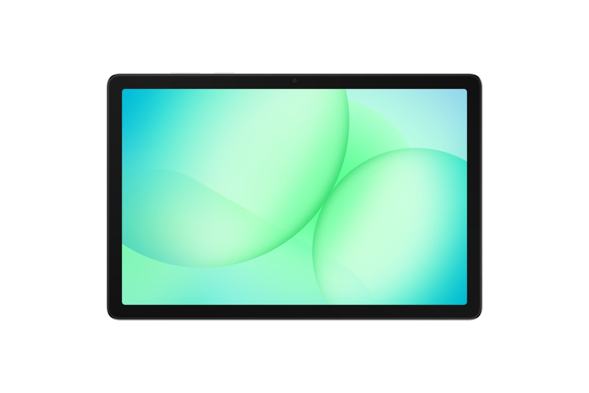 Samsung A11+ tablet features a sleek black frame, a vibrant 11-inch display with a smooth gradient of green tones, and is equipped with 128 GB storage and 6 GB RAM.