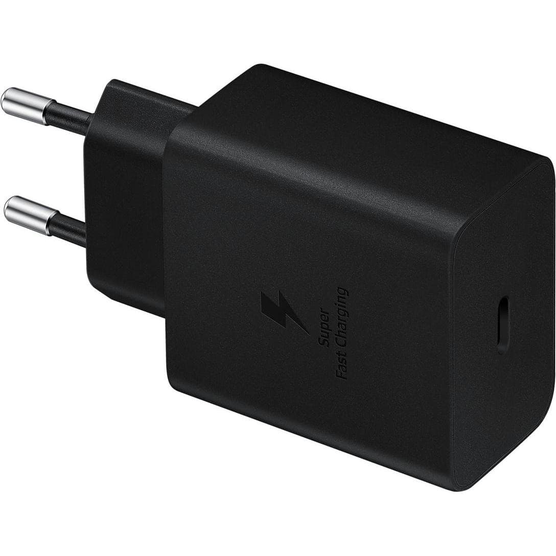 Black Samsung EP-T4510XBEGWW mobile device charger with a compact design, featuring a USB-C port and a lightning bolt symbol indicating super fast charging capability.