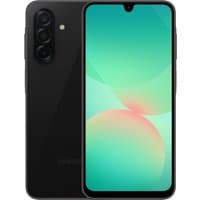 Black Samsung Galaxy A26 5G smartphone with 6.7" screen, triple rear cameras, and USB Type-C port.