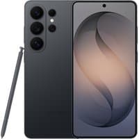 Black Samsung Galaxy S26 Ultra with large display, triple rear cameras, stylus, and sleek design.
