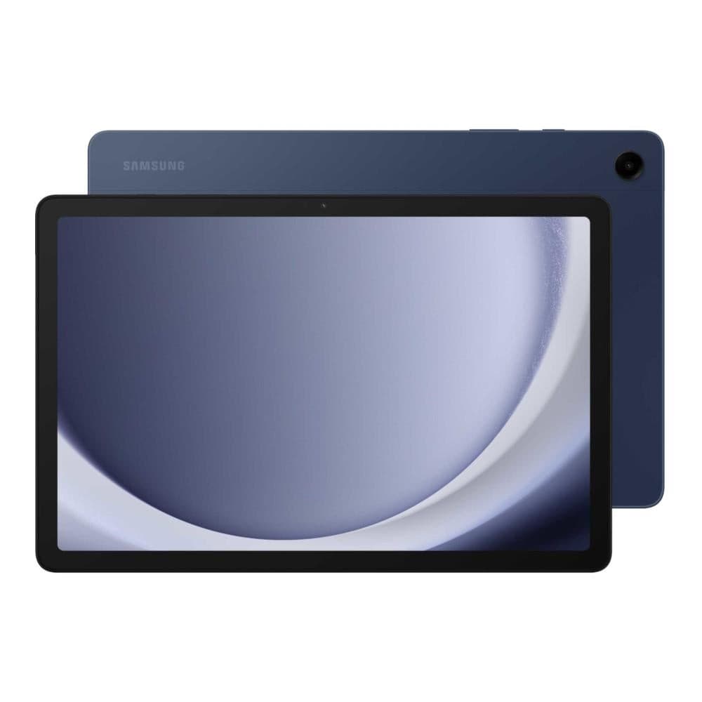 Samsung Galaxy Tab A9+ in navy blue, featuring a sleek design with a large display and a rear camera, showcasing its 128GB storage and 5G capability.