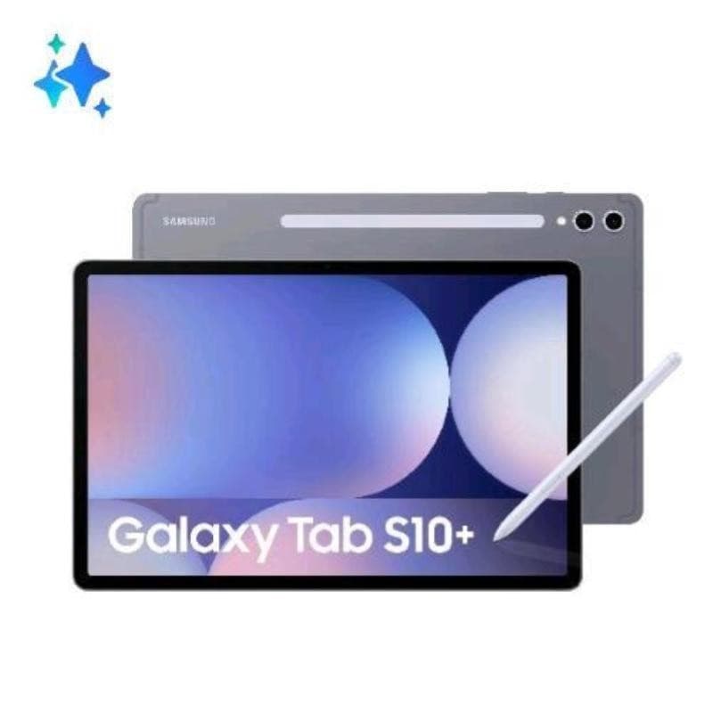 Samsung Galaxy Tab S10+ in Moonstone Gray, featuring a sleek design, 12GB RAM, 256GB storage, and an accompanying stylus, showcasing a vibrant display with rounded edges.