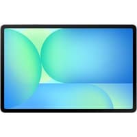 Samsung Galaxy Tab S10 FE+ 5G tablet, 13.1-inch display, black bezel, vibrant abstract blue-green screen.
