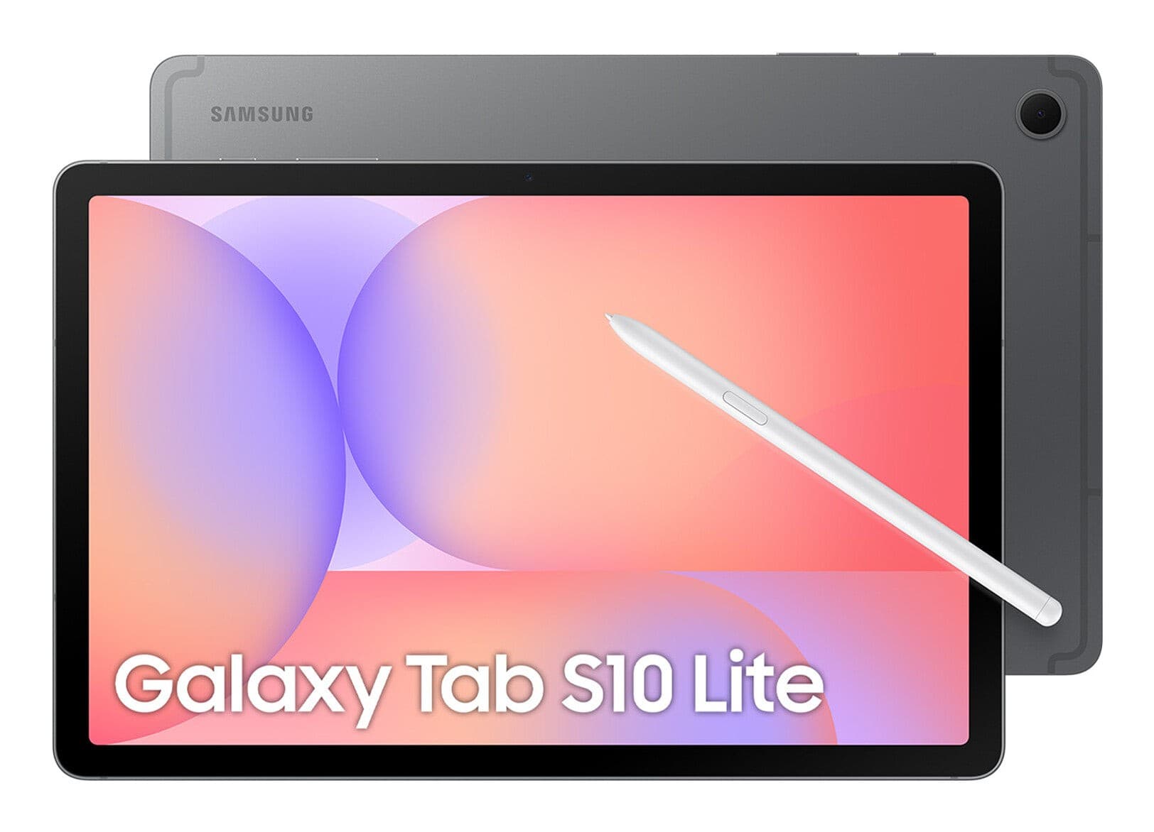 Samsung Galaxy Tab S10 Lite in gray, featuring a 10.9-inch display, 128GB storage, 6GB RAM, and a white stylus positioned beside the tablet.
