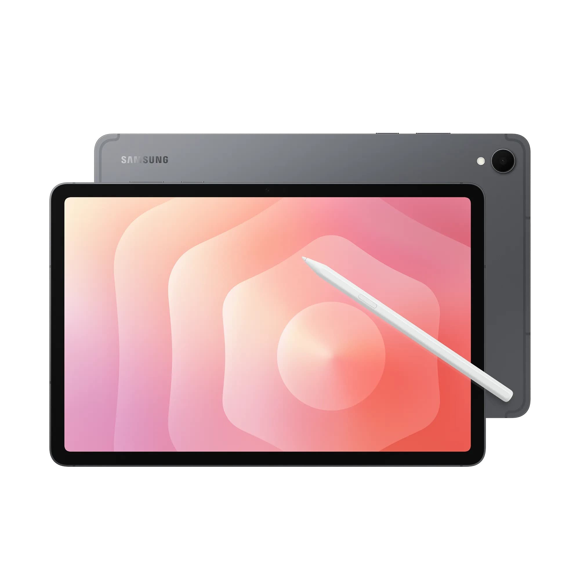 Samsung Galaxy Tab S11 in gray with a sleek design, featuring an 11-inch display, a stylus, and Wi-Fi 6E connectivity, showcasing a vibrant pink abstract background.