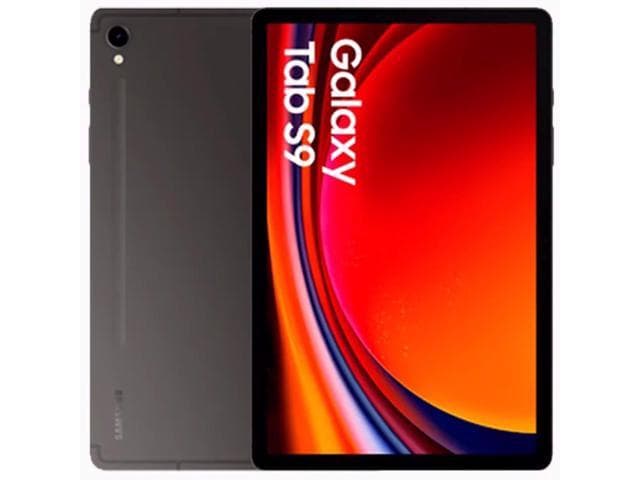 Samsung Galaxy Tab S9 in graphite color, featuring an 8GB RAM and 128GB storage, with a vibrant display showcasing "Galaxy Tab S9" on the screen.