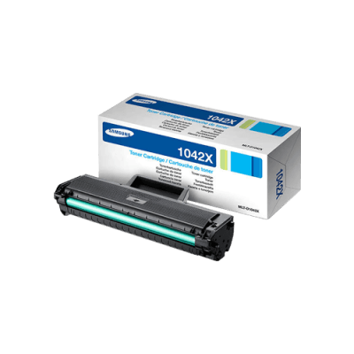 Black Samsung toner cartridge with a green stripe, packaged in a white box featuring blue and green accents, labeled MLT-D1042X/ELS/1042X, capable of printing 700 pages.