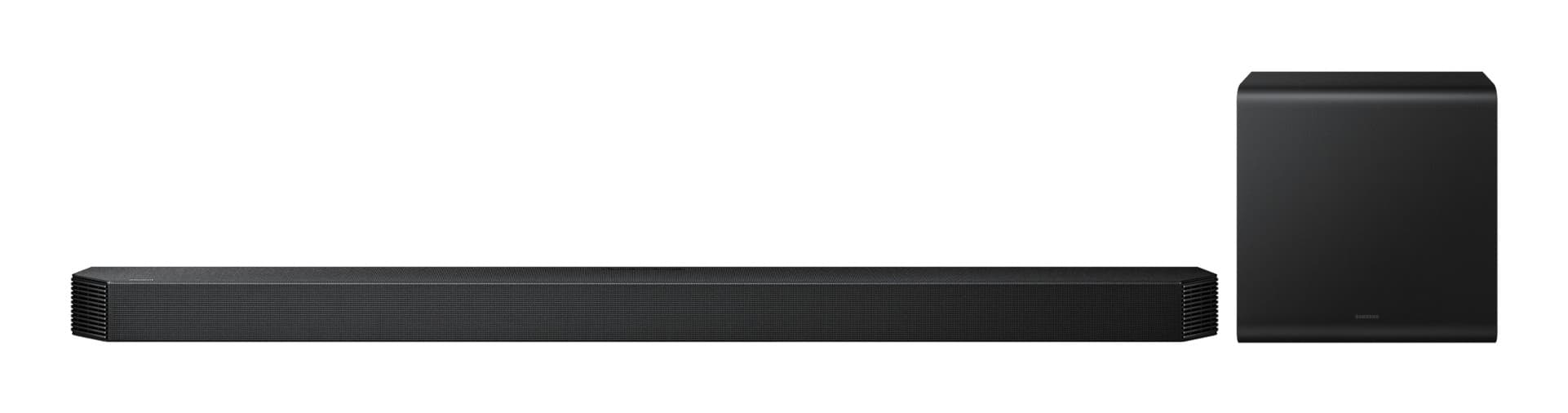 Samsung Q-series HW-Q800F in sleek black, featuring a long soundbar with a textured front and a compact wireless subwoofer, designed for immersive 5.1.2 channel audio.