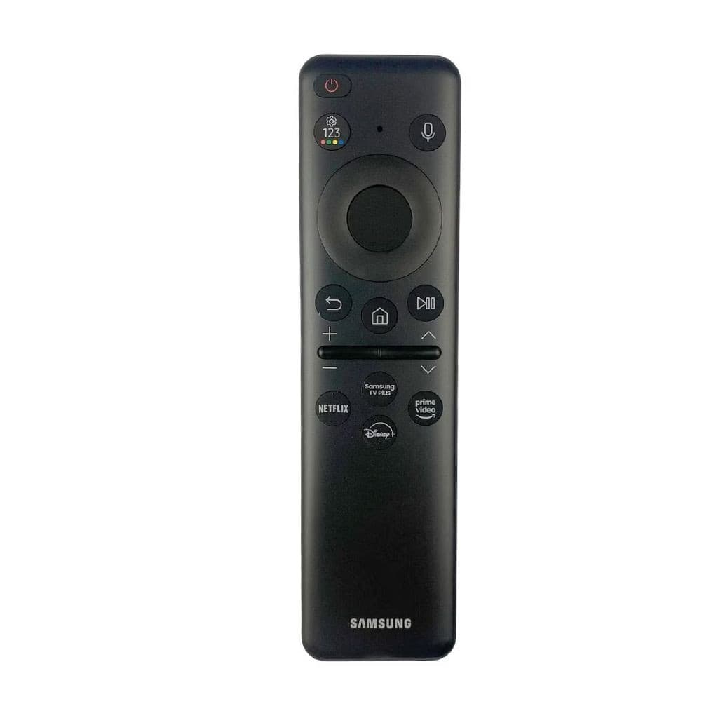 Black Samsung remote control featuring a circular navigation pad, volume and channel buttons, and dedicated keys for Netflix and Disney+.