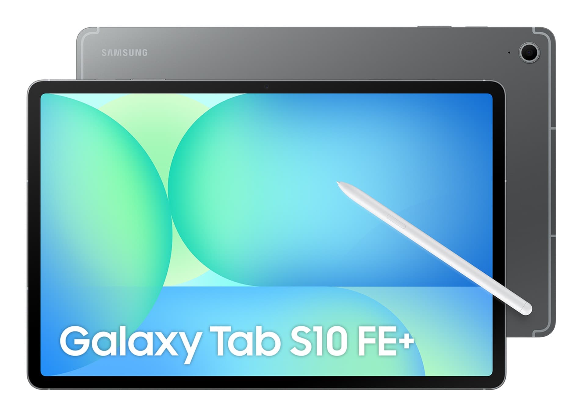 Samsung Galaxy Tab S10 FE+ in gray, featuring a vibrant 13.1" display with colorful abstract graphics, accompanied by a white S Pen stylus, showcasing its sleek design and modern aesthetics.