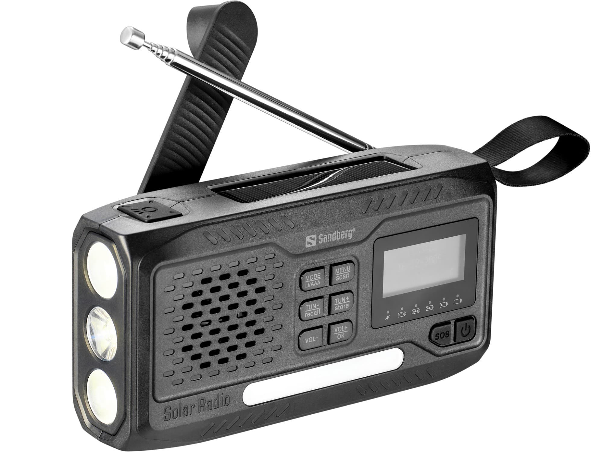 Black Sandberg Survivor DAB Radio features a digital display, multiple buttons, a telescopic antenna, and built-in flashlight, designed for durability and portability.