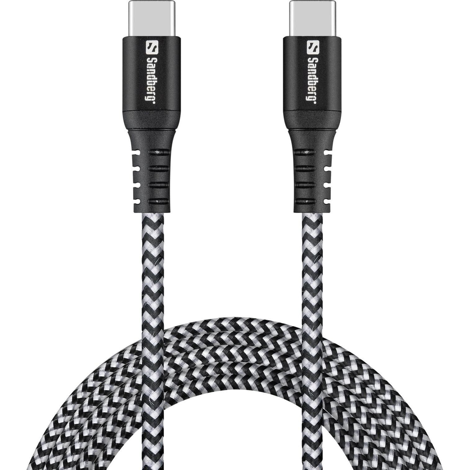 Black and silver braided USB-C cable, 2 meters long, featuring durable connectors with the Sandberg logo, designed for 100W power delivery.