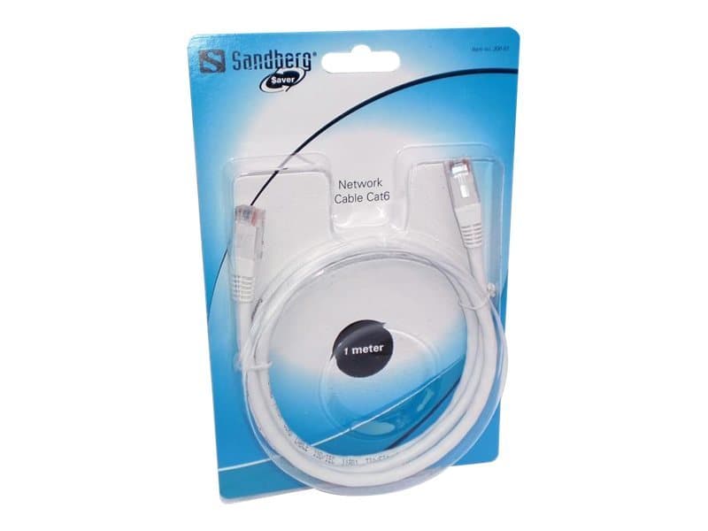 White UTP Cat6 network cable, 2 meters long, displayed on a blue and white packaging with the Sandberg logo and clear plastic casing.