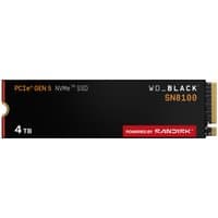 Black SanDisk WD_BLACK SN8100 NVMe SSD with 4 TB capacity, PCIe Gen 5 label, and red Sandisk branding.