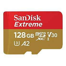 SanDisk Extreme MicroSDXC card in red and gold, featuring 128GB capacity, UHS-I U3 V30 speed rating, and includes an adapter for compatibility with various devices.