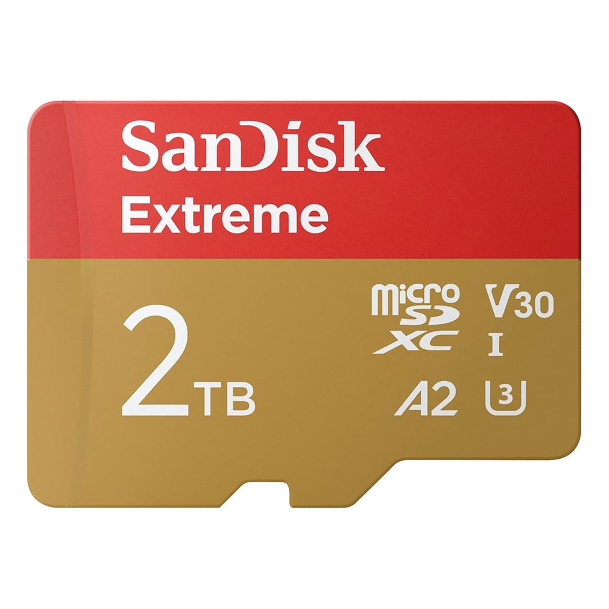 SanDisk 2TB Extreme MicroSDXC memory card in red and gold, featuring 'Extreme' branding, capacity details, and compatibility icons for A2, U3, and V30.
