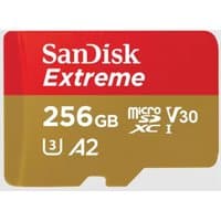 Red and gold SanDisk Extreme 256GB MicroSDXC card with UHS-I, Class 3, V30, A2 markings.