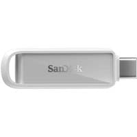 White SanDisk USB Type-C flash drive, 1 TB, with a sleek rectangular design and a loop for easy attachment.