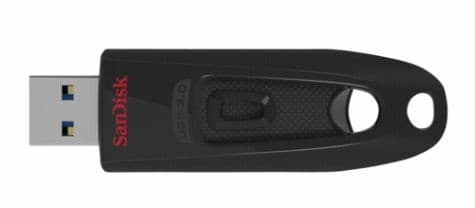 Black SanDisk USB flash drive featuring a textured grip, a sliding mechanism for the USB connector, and a capacity of 128 GB with USB Type-A 3.2 Gen 1 compatibility.