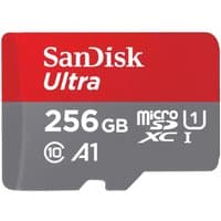 Red and gray SanDisk Ultra 256 GB MicroSDXC card, UHS-I, Class 10, A1, with white text and logo.