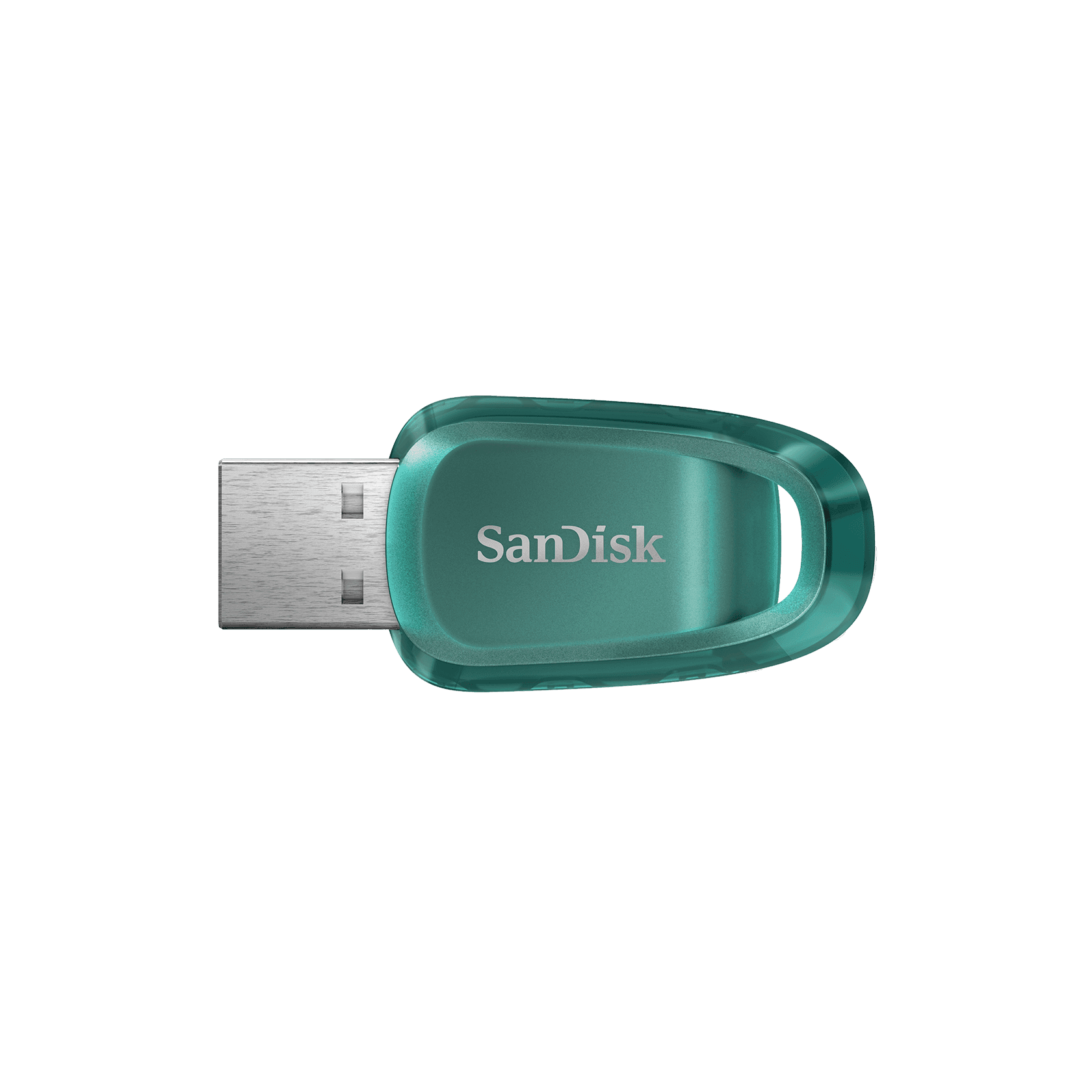 SanDisk Ultra Eco USB Flash Drive in teal plastic with a silver metal connector, featuring a compact design and labeled with "SanDisk," offering 128 GB storage and USB 3.2 Gen 1 compatibility.