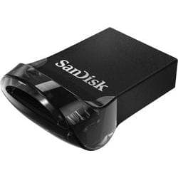 Compact black SanDisk Ultra Fit USB 3.2 flash drive with a glossy top and embossed logo, featuring a sleek design for easy portability, capacity of 16GB.