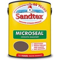Yellow Sandtex Microseal Smooth Masonry Paint can, 2.5L, black color, 15-year protection label, lighthouse logo.