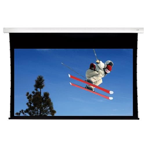 Sapphire AV SETTS300WSF-AW-WOVEN projection screen in black with a 3.45 m (136") woven surface, showcasing a vibrant image of a skier against a blue sky.