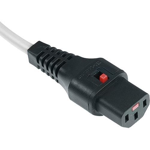 Black C14 connector with a red switch, attached to a 0.5M white PVC cable, featuring a C13 end for power connections, designed for durable use.