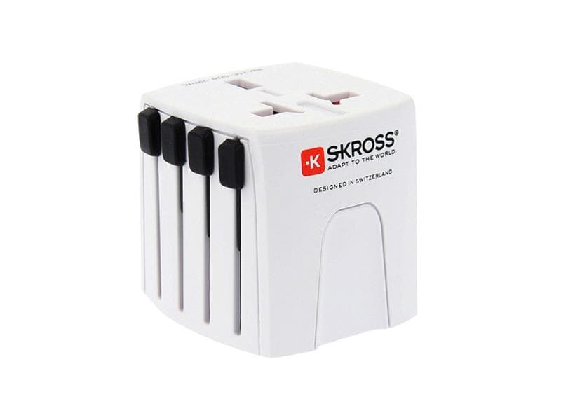 Compact white travel adaptor with multiple plug options, featuring a Skross logo, designed for 250V and 2.5A, ideal for international use.