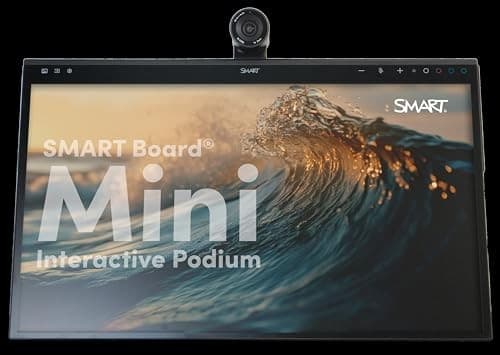 SIP-727 Board Mini 727 features a sleek black frame with a large touchscreen displaying a wave image, labeled "SMART Board Mini Interactive Podium" in bold white text.