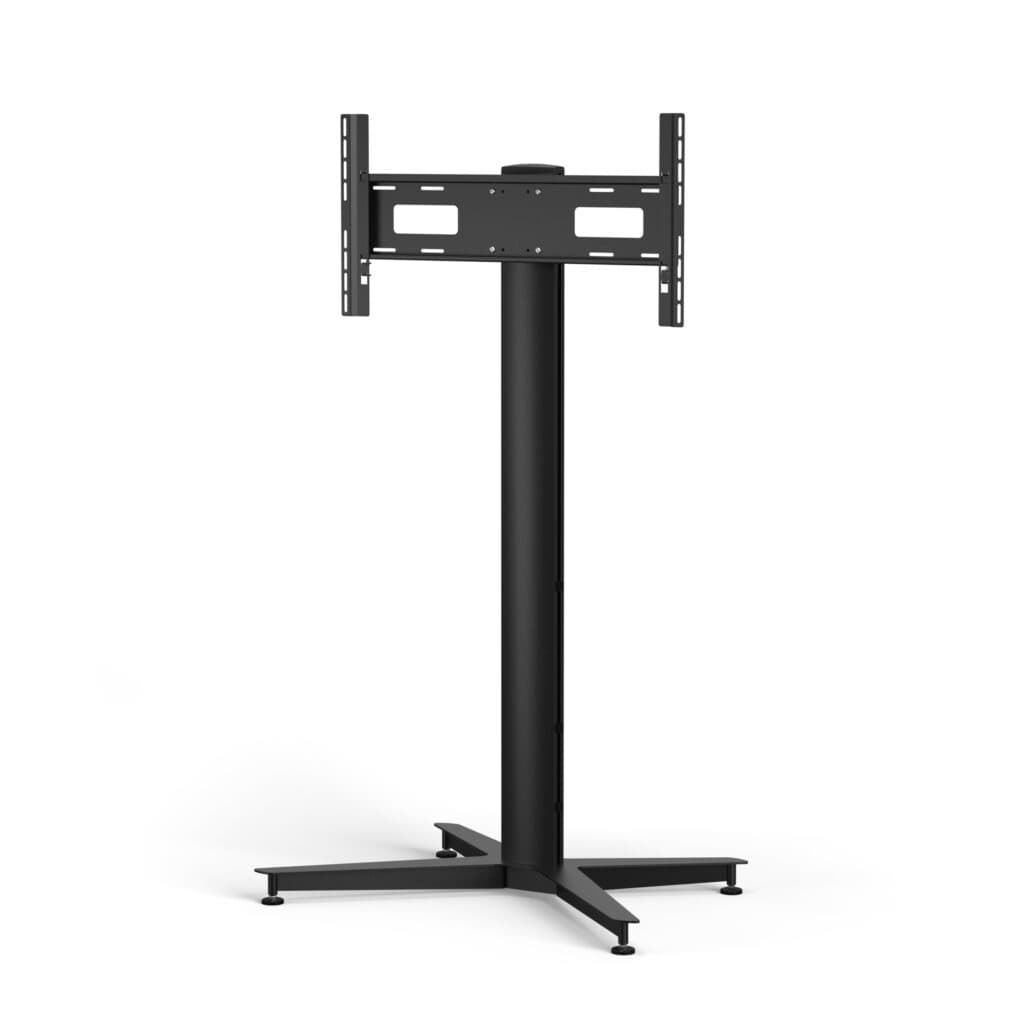 Black metal monitor mount with a sturdy base and adjustable height, designed for screens up to 190.5 cm, featuring a sleek, modern design and four stabilizing legs.