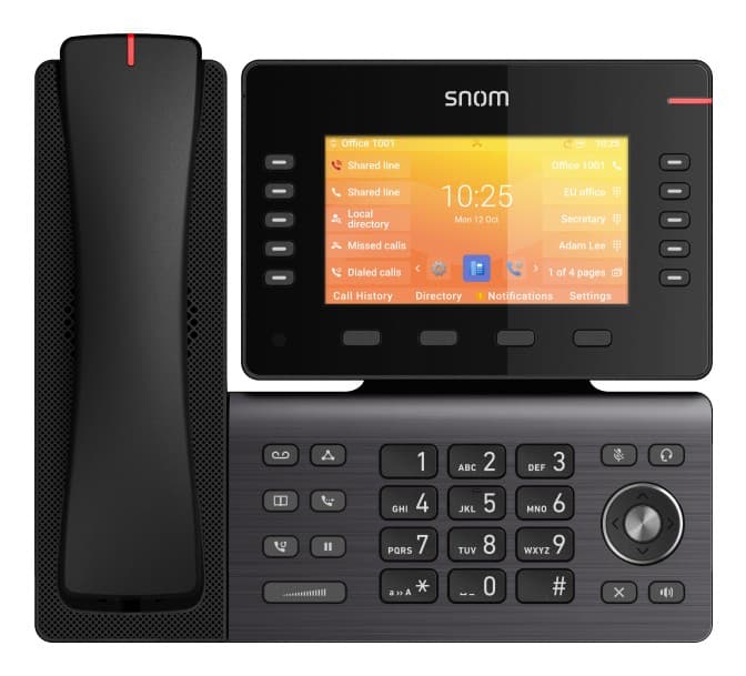 Black Snom D892M IP phone featuring a TFT display, Wi-Fi capability, a sleek design, a numeric keypad, and dedicated buttons for call history and directory access.