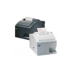 Compact thermal receipt printer in black and white, featuring a top-loading paper compartment and a sleek, modern design suitable for retail environments.