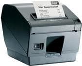 Compact black thermal printer with a paper output slot, featuring a sleek design and a receipt printed with "Star Supermarket" visible on top.