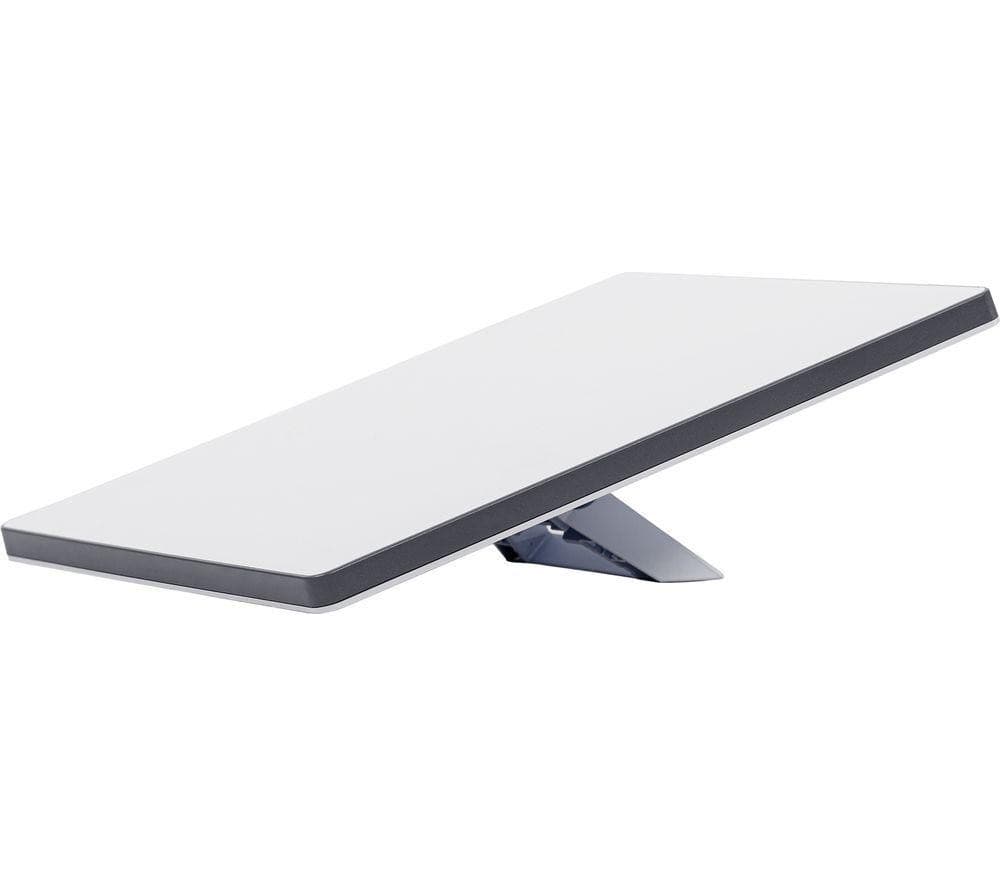 White rectangular antenna with a sleek design, featuring a gray border and a metallic stand, designed for electronic phased array connectivity.