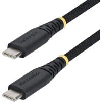 Black braided USB-C charging cable, 30cm, with reinforced connectors and yellow accents, supports 60W power delivery.