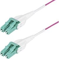 Purple StarTech.com 30m LC to LC OM4 Multimode Fiber Optic Cable with aqua connectors and white protective sleeves.