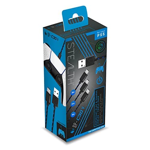 Black and blue packaging for the Stealth SP-C30V Superfast Cable, featuring USB and USB-C connectors, with a 3m and 2m cable length, designed for PS5 compatibility.