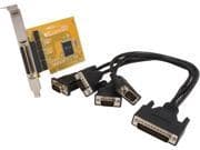 Internal serial interface card in yellow and black, featuring a PCI bracket and three attached black cables with D-sub connectors for connectivity.